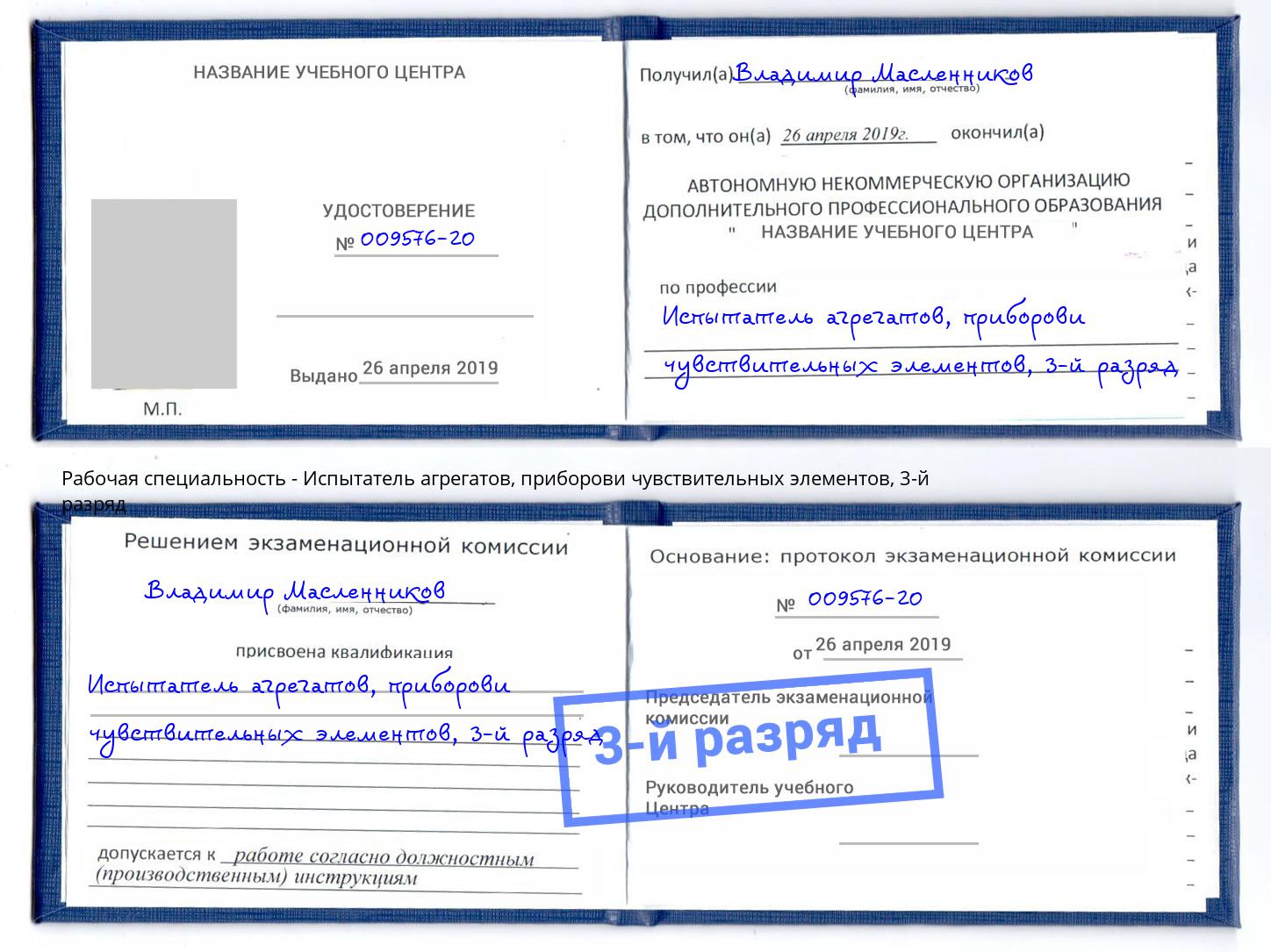 корочка 3-й разряд Испытатель агрегатов, приборови чувствительных элементов Саяногорск
