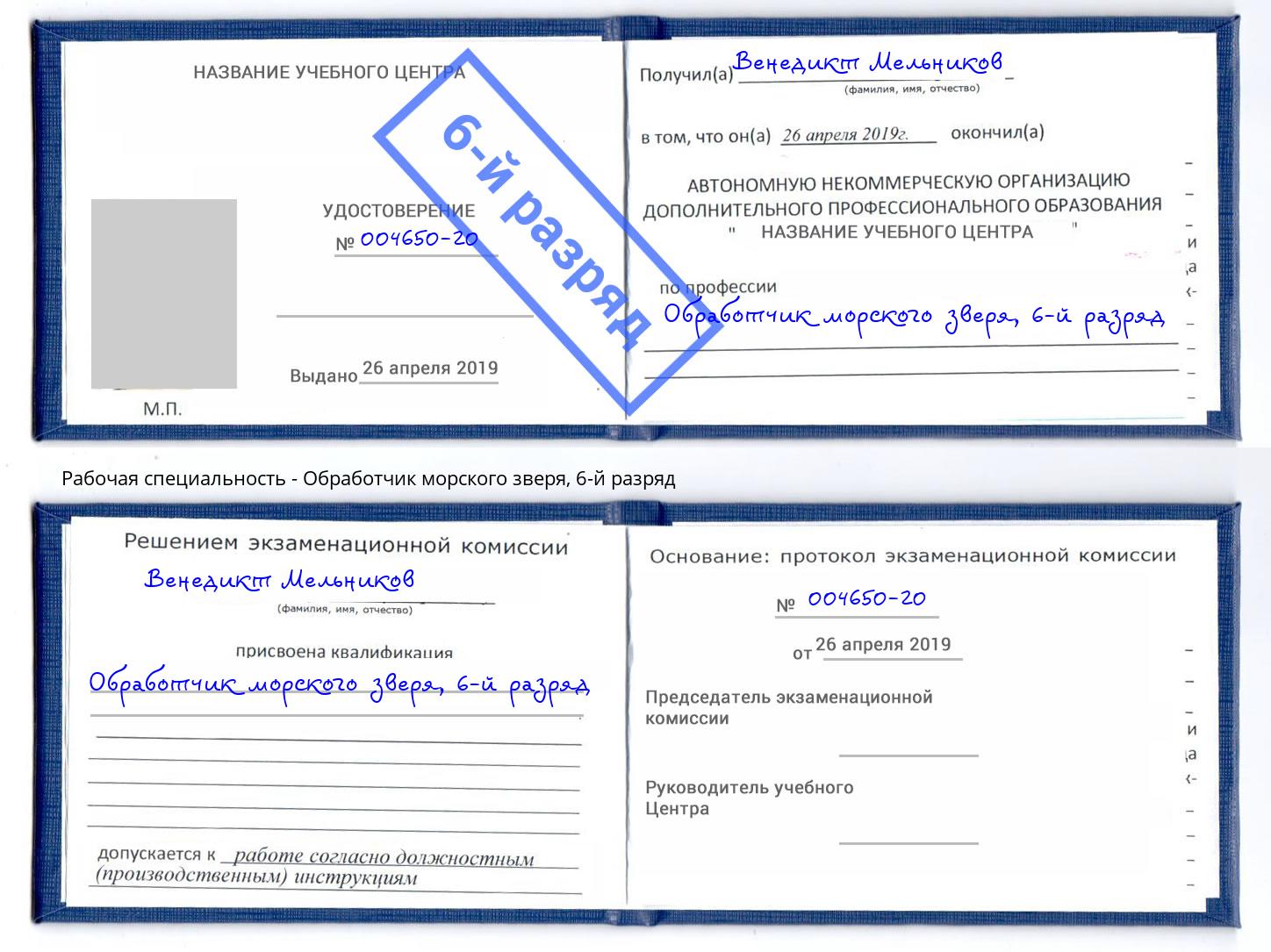 корочка 6-й разряд Обработчик морского зверя Саяногорск