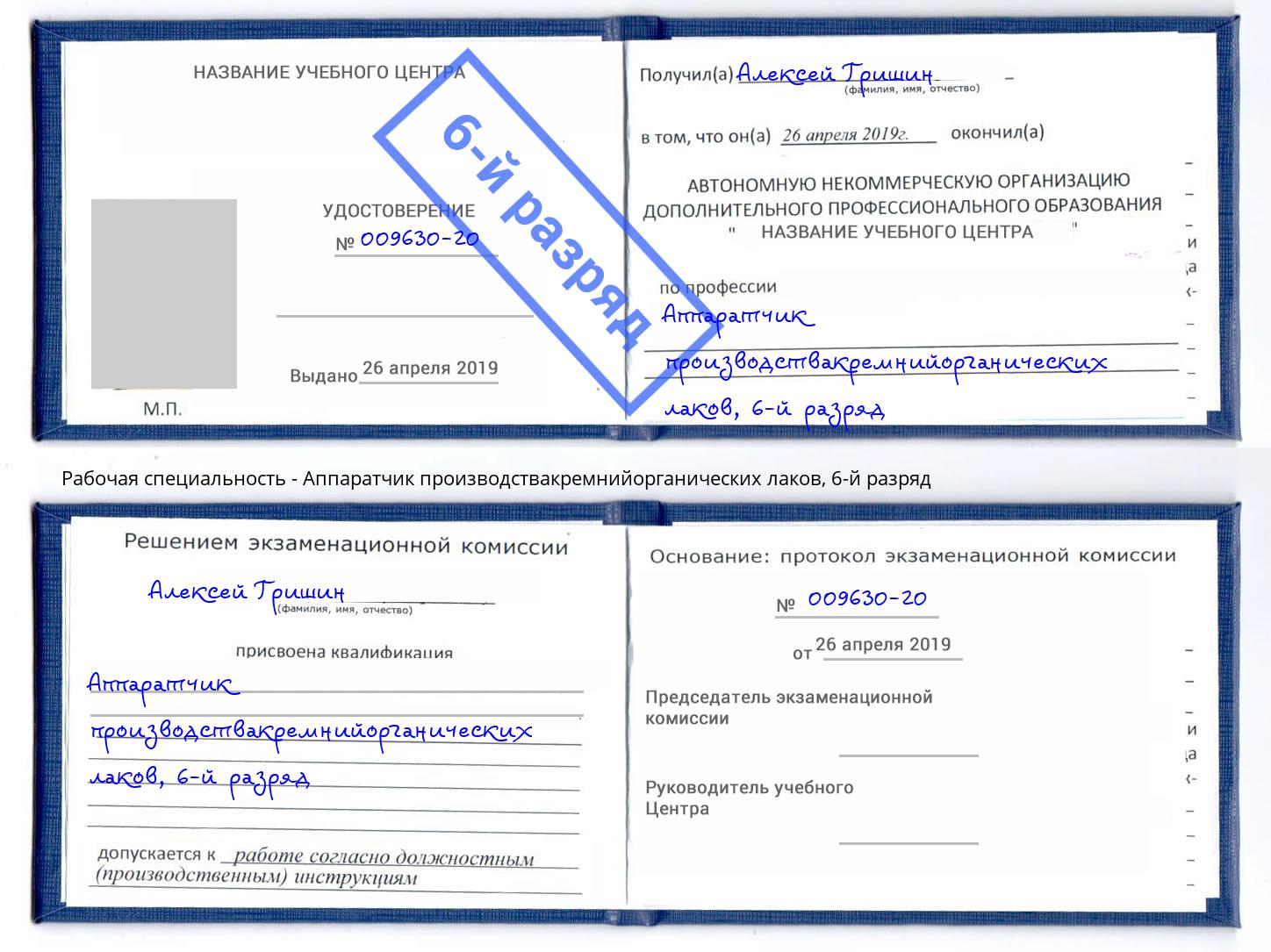 корочка 6-й разряд Аппаратчик производствакремнийорганических лаков Саяногорск